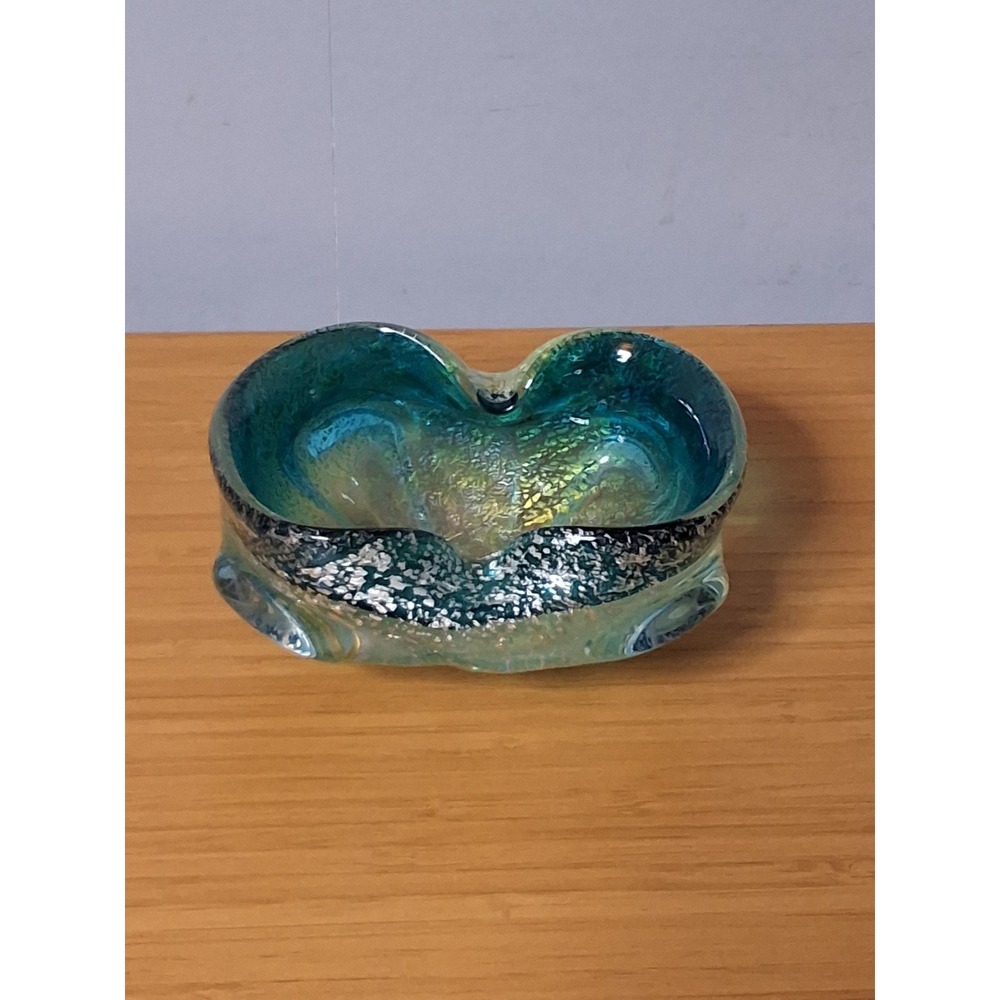 Vintage Murano Style Art Glass Bowl Blue Gold Aventurine Silver Foil Ashtray